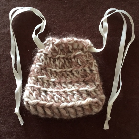 HAND CRAFTED 3 Mini Bags Boho Drawstring Crochet Tan Black Red - Picture 4 of 12